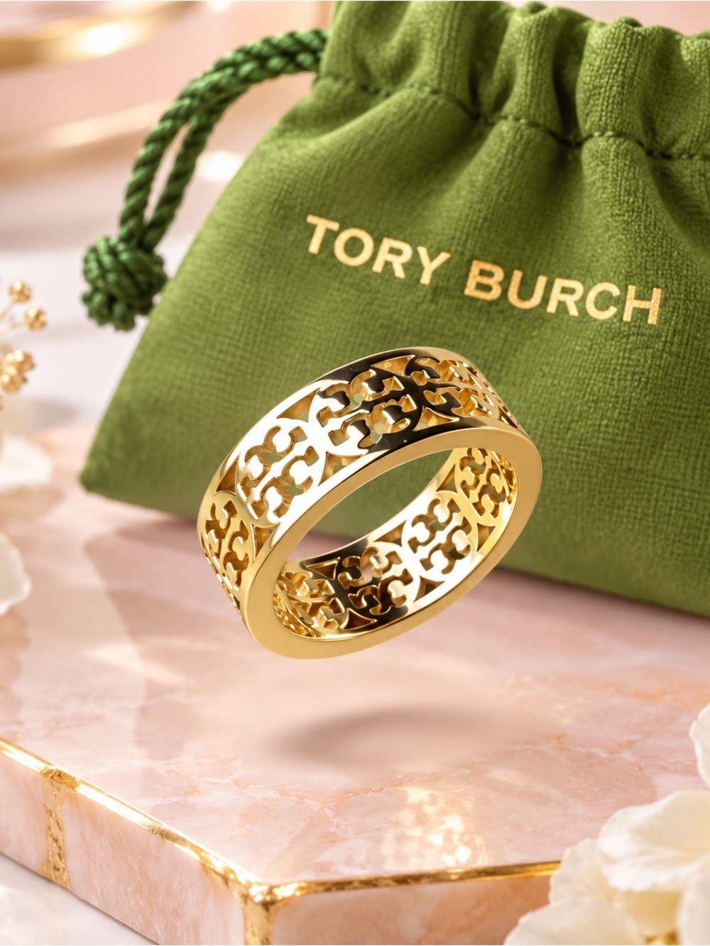 Tory Burch Gold-tone Logo Cutout Wide Band Ring